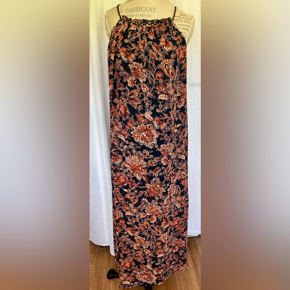Xhilaration Womens Sleevelss Maxi Dress in Navy Blue/ Burnt Orange Floral Sz M